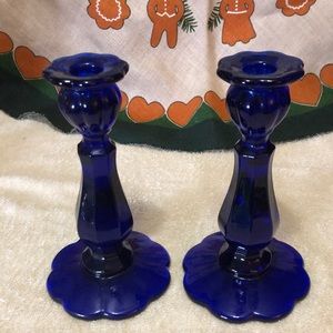 Pair of Vintage Handmade 8.25” Cobalt Blue Glass Candlestick/Candle Holders